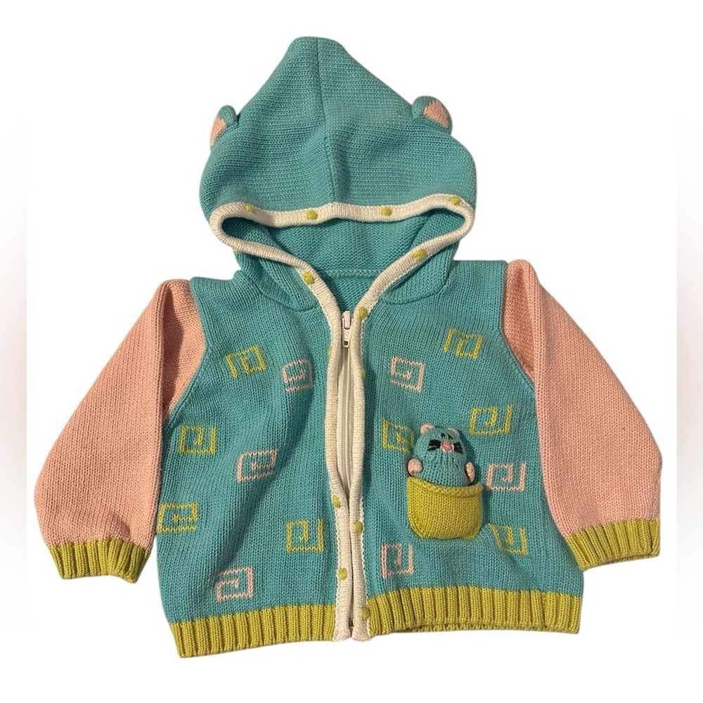 Fair Indigo Kitty Katz Hooded  Full Zip Sweater Organic Cotton Size 6-12 months